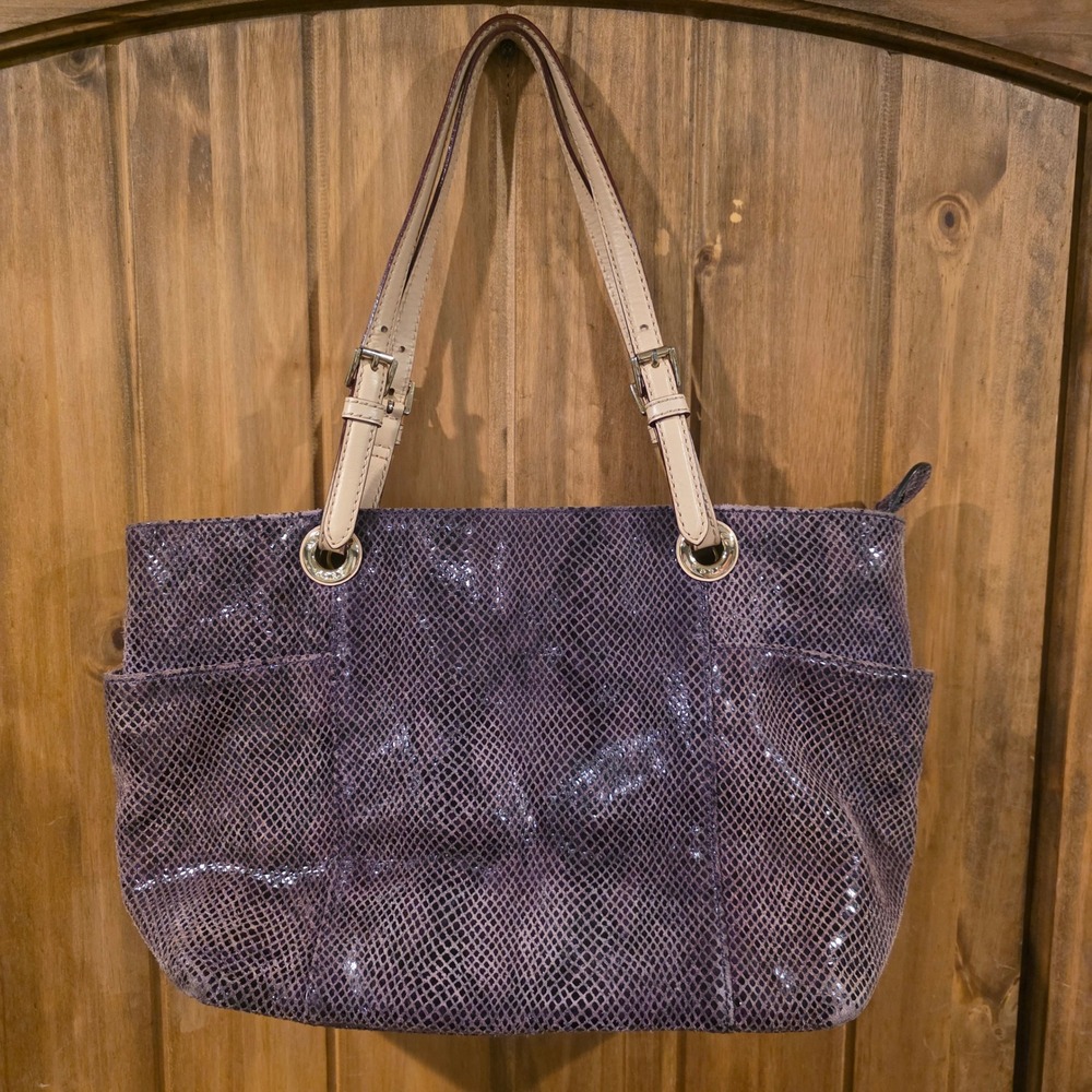 Michael Kors Tote Bag Womens Large Purple Good Snakeskin Embossed Leather Purse